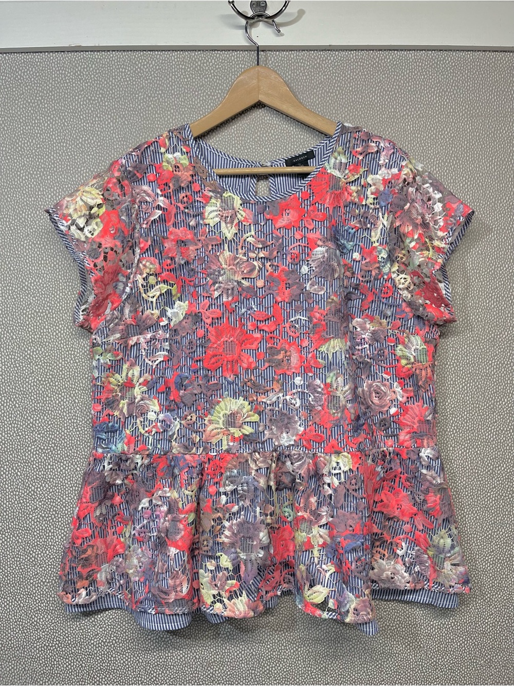 XL Halogen Peplum Top Floral Lace Overlay with Blue and White Stripe Underlay
